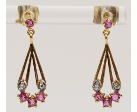 A pair of 9ct gold diamond and ruby drop earrings with scroll backs, 20mm, 1.7g