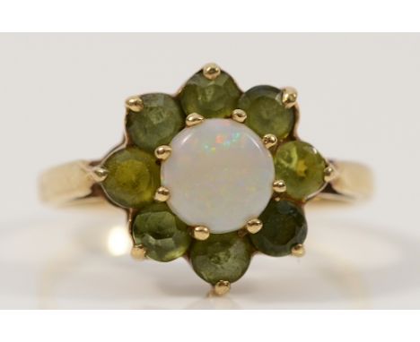 A 9ct gold opal and peridot floral cluster ring, M, 2.6g