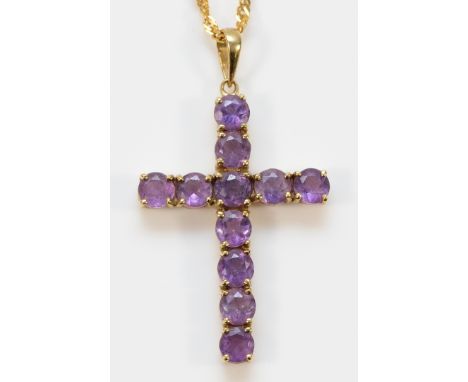 A 9ct gold amethyst cross pendant with a chain, 30mm, 3.5g