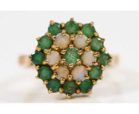 A 9ct gold emerald and opal cluster ring, P, 3.5g