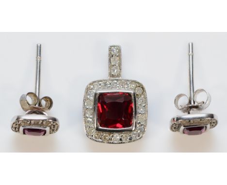 A pair of 9ct white gold synthetic ruby and diamond cluster earrings with scroll backs, together with a 9ct white gold matchi