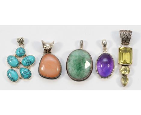 Five 925 silver gemset pendants, to include turquoise and amethyst examples, 59g