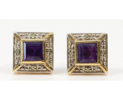 A pair of 9ct gold amethyst and diamond earrings with scroll backs, 1.8g