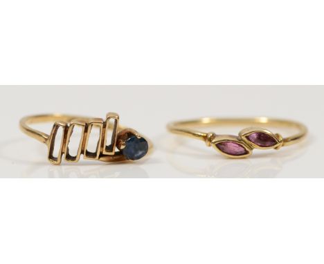 A 9ct gold ruby two stone ring, K 1/2, together with a 9ct gold sapphire dress ring, I 1/2, 1.6g