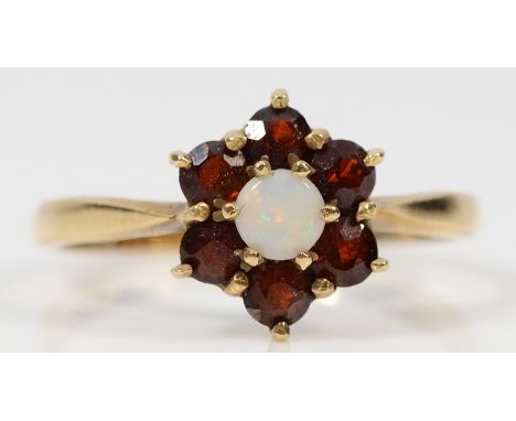 A 9ct gold opal and garnet floral cluster ring, N, 1.8g