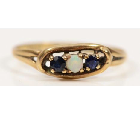 A 9ct gold opal and sapphire three stone ring, N 1/2, 1.4g