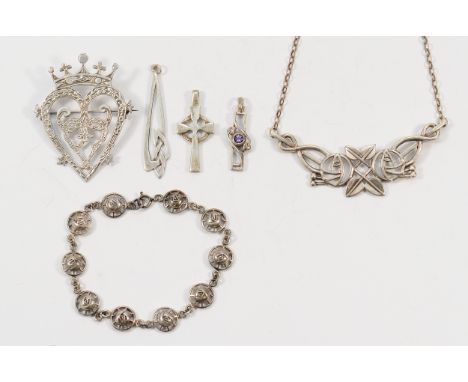 Ola Gorie, a 925 silver cross pendant, 33mm, two 925 silver Celtic design pendants, a Scottish silver heart brooch, 52mm, and