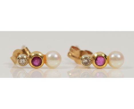 A pair of 9ct gold ruby, diamond and cultured pearl drop earrings, 8mm, 0.7g