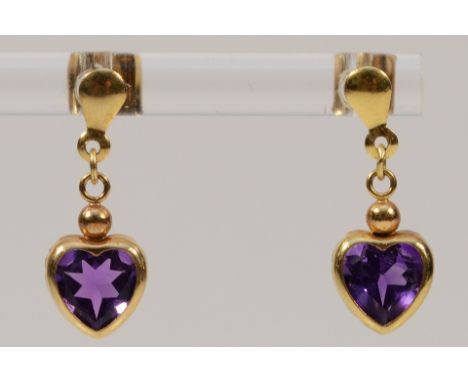 A pair of 9ct gold heart shaped amethyst drop earrings with scroll backs, 20mm, 1g