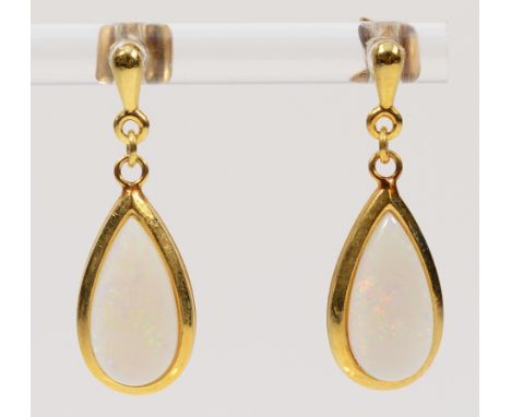 A pair of 9ct gold opal drop earrings with scroll backs, 25mm, 2g