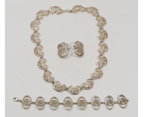 A 925 silver Celtic design necklace, stamped CJL, together with a matching 925 silver bracelet and a pair of 925 silver match