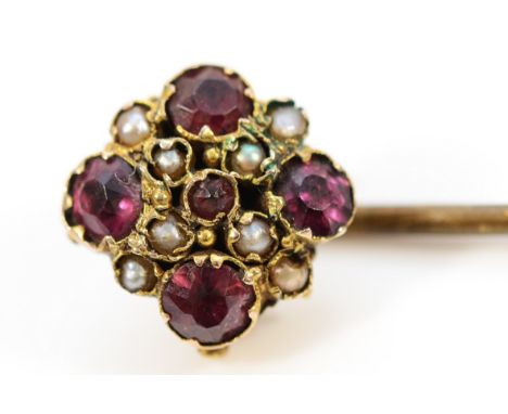 An unmarked 9ct gold seed pearl and amethyst stick pin, with a non gold pin, 60mm, 1.6g