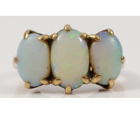 A 9ct gold opal three stone ring, H, 2.8g