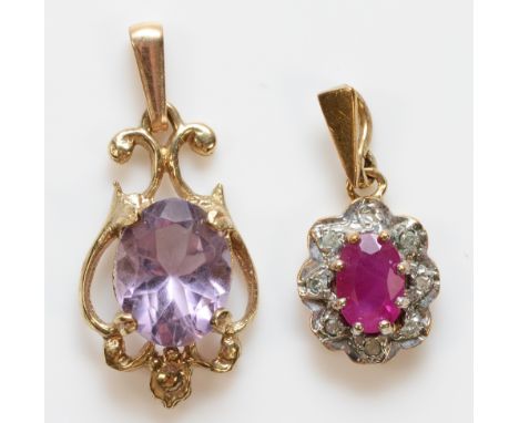 A 9ct gold ruby and diamond cluster pendant, together with a 9ct gold amethyst pendant, 1.8g