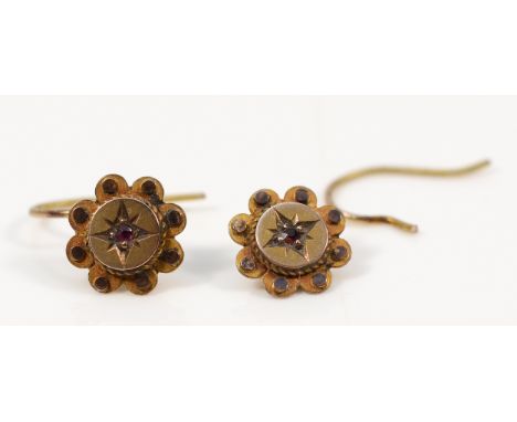A pair of 9ct gold ruby drop earrings with hooks, needs repair to one earrings, 0.7g