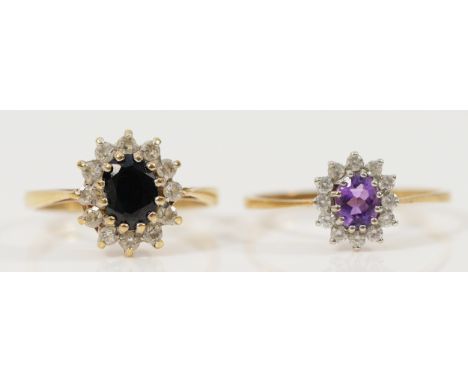 A 9ct gold sapphire and diamond cluster ring, J, together with a 9ct gold amethyst and diamond cluster ring, M, 2.9g