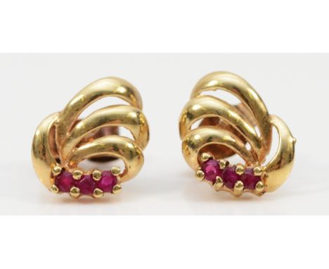 A pair of 9ct gold ruby earrings with scroll backs, 1.1g