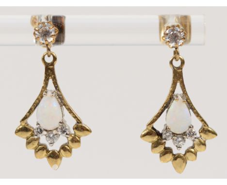 A pair of 9ct gold opal and clear gemstone drop earrings, 23mm drop, 2.1g