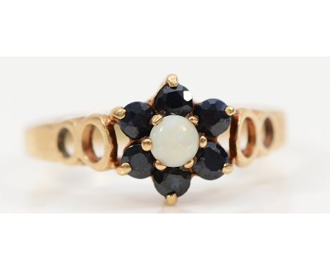 A 9ct gold opal and sapphire cluster ring, L, 1.4g