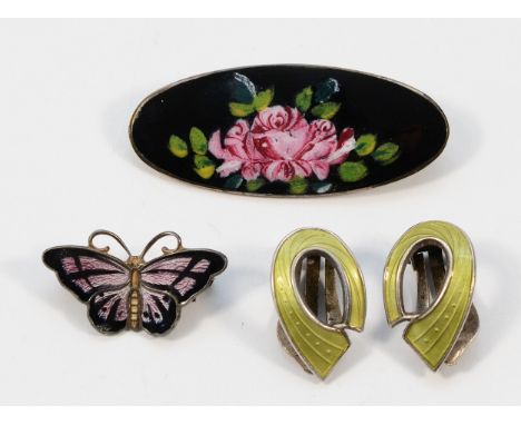 David Anderson, a 925 silver and enamel floral brooch, 42mm, a pair of 925 Norwegian silver and enamel clip on earrings and a