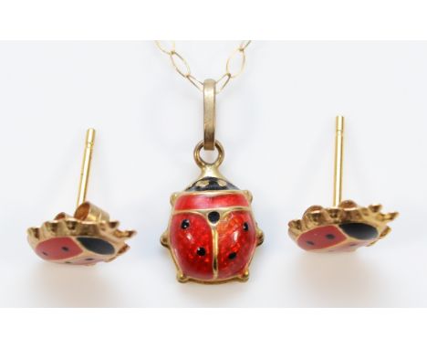 A pair of 9ct gold enamel ladybird earrings with scroll backs, together with a 9ct gold ladybird pendant on a chain, 0.9g