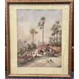 F E FUREIELL?: A framed and glazed watercolour depicting an Indian village.