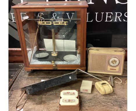 A set of Oertling scientific brass scales together with a set of old brass Salter scales etc. Est. £30 - £50.