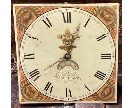 An old grandfather clock dial. By Robert Drake of Beaminster. Est. £60 - £80.