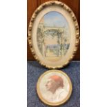Two framed and glazed oval watercolours; one depicting an Italian veranda scene.