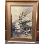 ALFRED LEYMAN: (British, 1856 - 1933): A framed and glazed watercolour entitled 'The Butterwalk'.