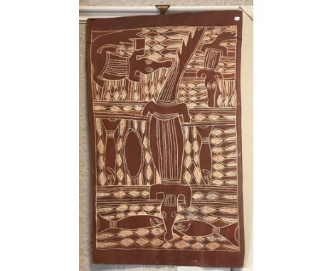 An Aboriginal tree bark painting depicting crocodiles and fish. Approx. 43cms x 70cms. Est. £100 - £150.