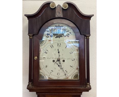 An oak cased grandfather clock with painted dial. By Richard Drake of Beaminster. Est. £80 - £120.