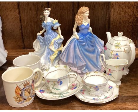Two Royal Doulton figures together with a decorated tea service etc. Est. £20 - £30.