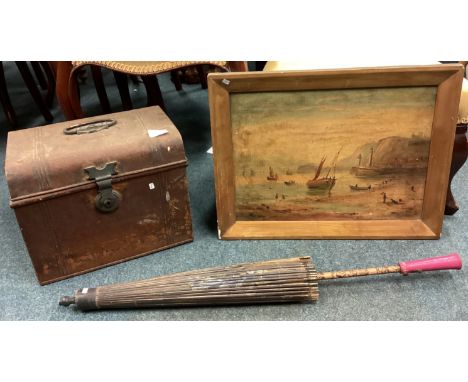 A mixed lot consisting of an old tin trunk, parasol and an oil painting. Est. £10 - £20.