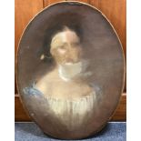 An unframed oil on oval canvas depicting an unfinished portrait of a lady.