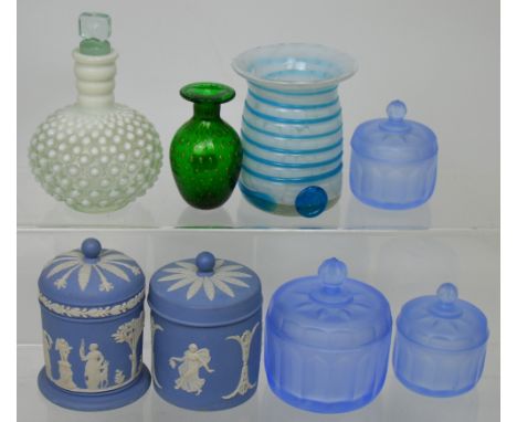 Two Wedgwood Jasperware covered pots, a Mdina glass vase, a Murano glass vase, a three piece frosted blue dressing table set 