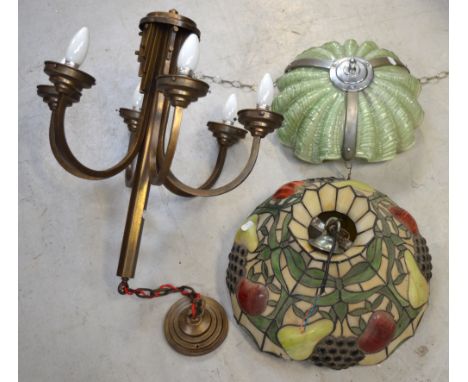 An Art Deco style gilt metal six branch electrolier, an Art Deco style jade green and chromed metal ceiling pendant and a Tif