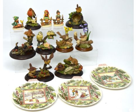 Six Country Artists figure groups, mainly depicting birds, two similar examples, three boxed Spode collectors' plates and thr