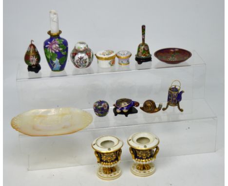A collection of miniature cloisonné enamels, a Halcyon Days enamel patch box, an Aynsley 'Cottage garden' trinket box, a pair