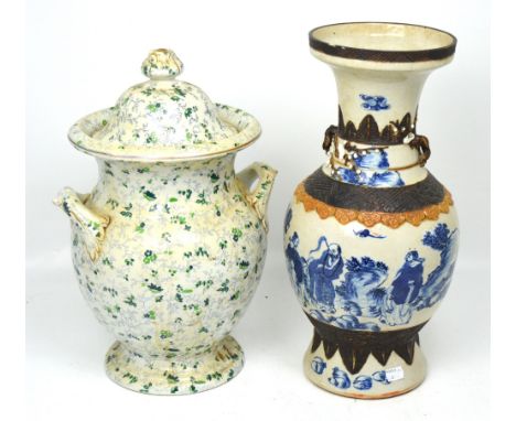 A large 19th century twin-handled baluster vase with lid, green floral decoration, blue stamp to base, R & M 'Princess', heig