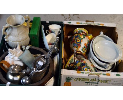 A collectors' lot to include a coopered barrel-form planter, a vintage chromed fireside companion set and an oak cased mantel