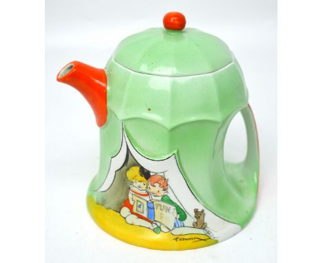 An unusual Art Deco green ground Shelley teapot with image of two kneeling children to the front, reading a book entitled 'Fu