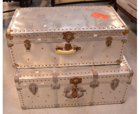 Two vintage metal chests with metal stud work and carrying handles, 96 x 36cm (2).