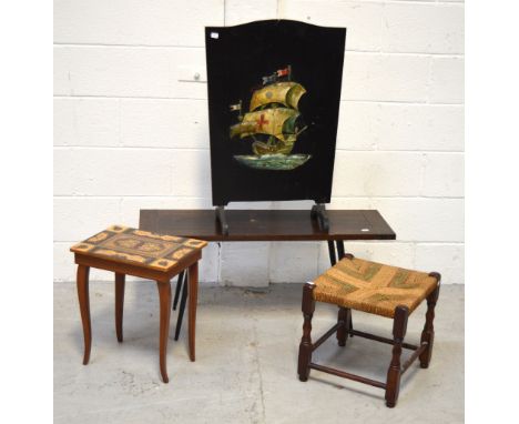 A Sorrento style inlaid musical sewing table on tapered supports, a cane work square stool raised on an oak support with unde