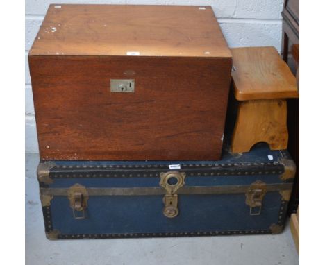 A wooden chest of small proportions with cast iron handles, width 64cm, a small hardwood milking stool, width 36cm and a blue