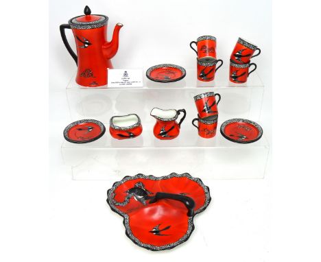 A c1920 Carlton ware coffee service, 'Magpies', to include coffee pot, six cups and saucers, small tray with handle, sugar bo