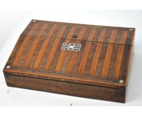 A Victorian specimen wood and mother of pearl inlaid writing slope, width 36cm.