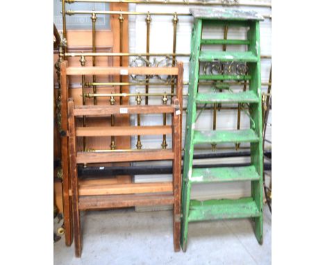 Two vintage wooden clothes maidens and a vintage green painted Simplex ladder (3).