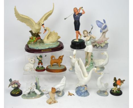 Seven various Nao figures and figure groups to include a female golfer and various geese, a further quantity of similar anima