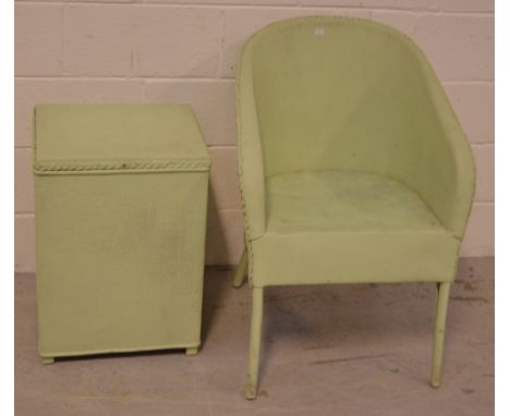 A vintage Lloyd Loom style lime painted tub chair and a matching linen basket (2).